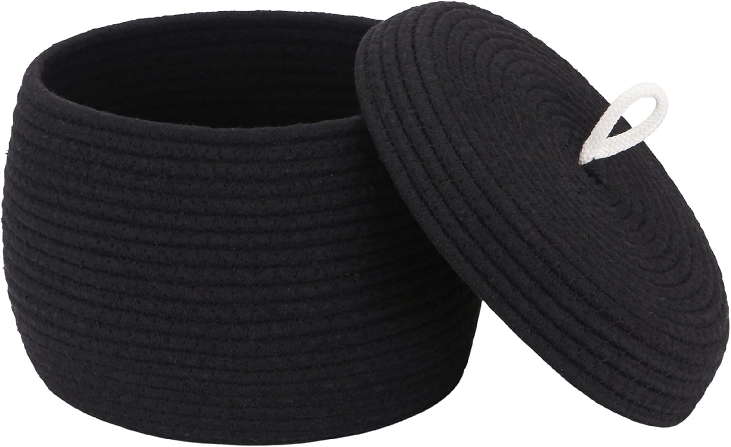 Sea Team Round Cotton Rope Storage Basket with Lid, Decorative Woven Storage Bin, Pot, Caddy, Organizer, Container for Snacks, Towels, Plants, 10 x 7.5 Inches (Small, Black)