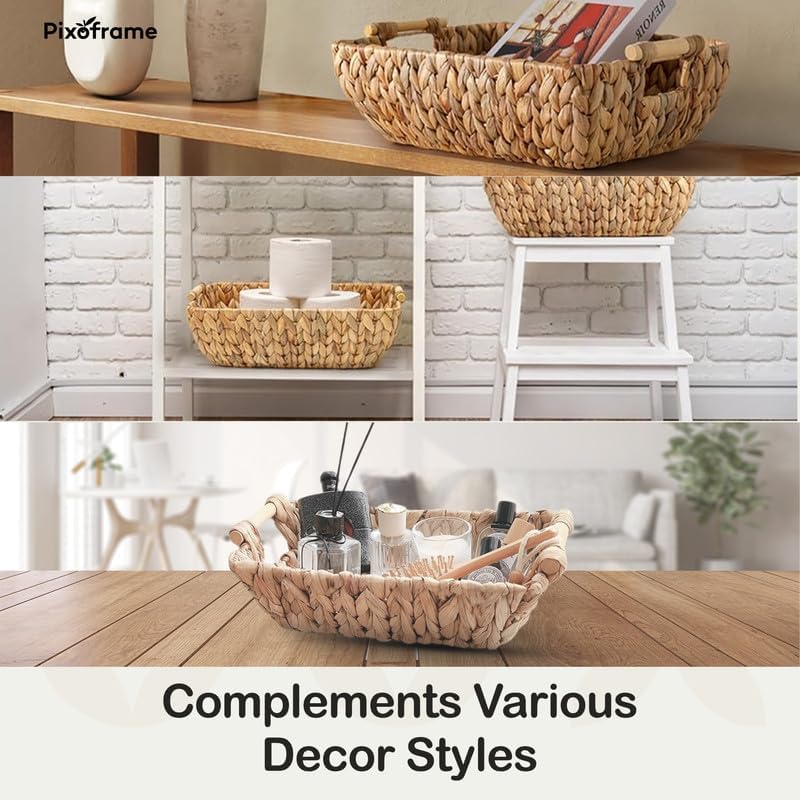 Large Rectangular Handwoven Wicker Basket - Water Hyacinth Storage Baskets with 2 Polished Wooden Handles for Store Hand Towels, Fruits & Veggies etc - 13.25"x12"x6.25" - Pack of 2 - Natural