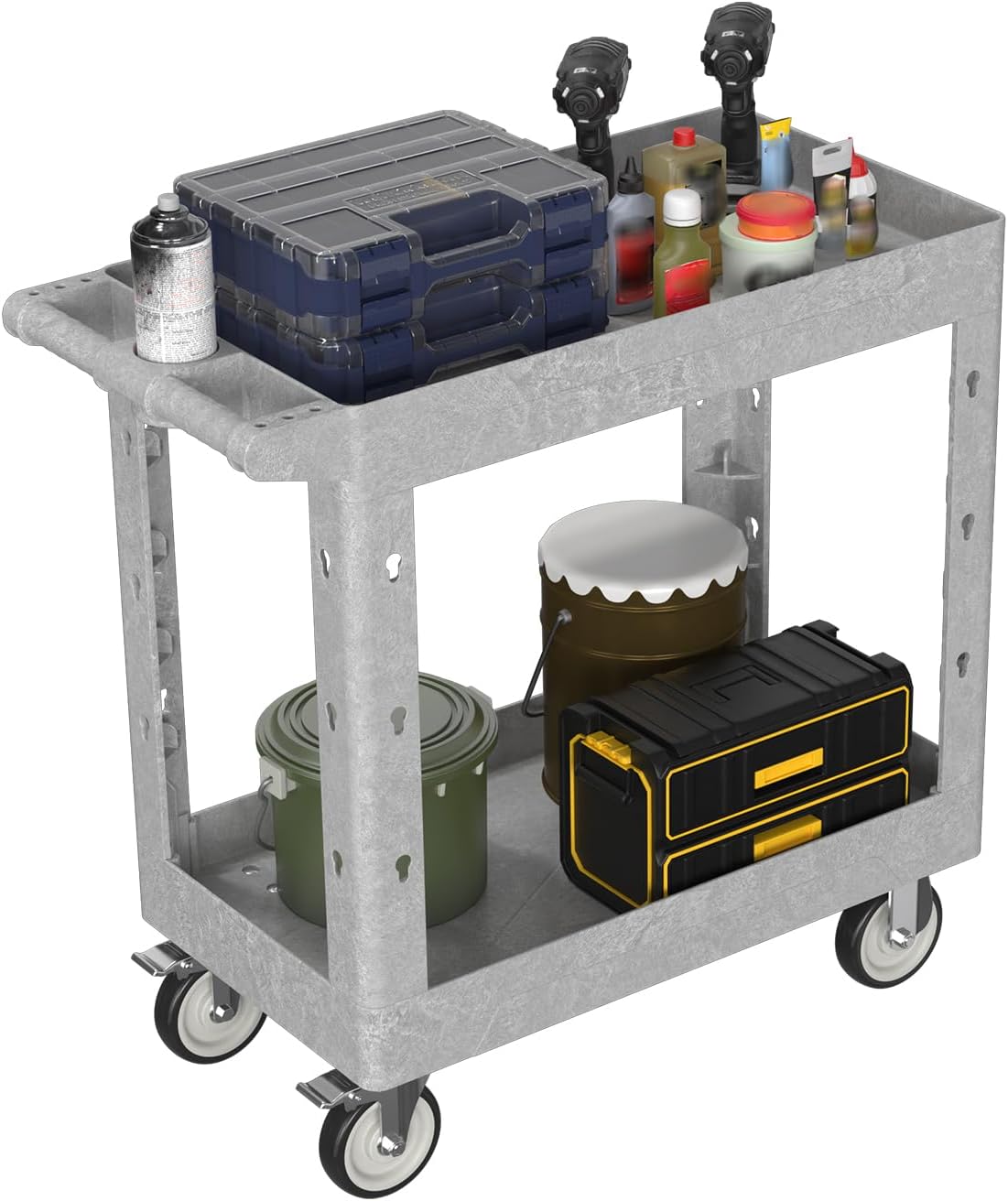 2 Tier Plastic Rolling Utility Cart on Wheels, Heavy Duty Tool Cart with Deep Shelves and 360° Swivel Wheels Holds up to 550 lbs, Service Cart for Garage, Warehouse, Cleaning (Gray-34in)