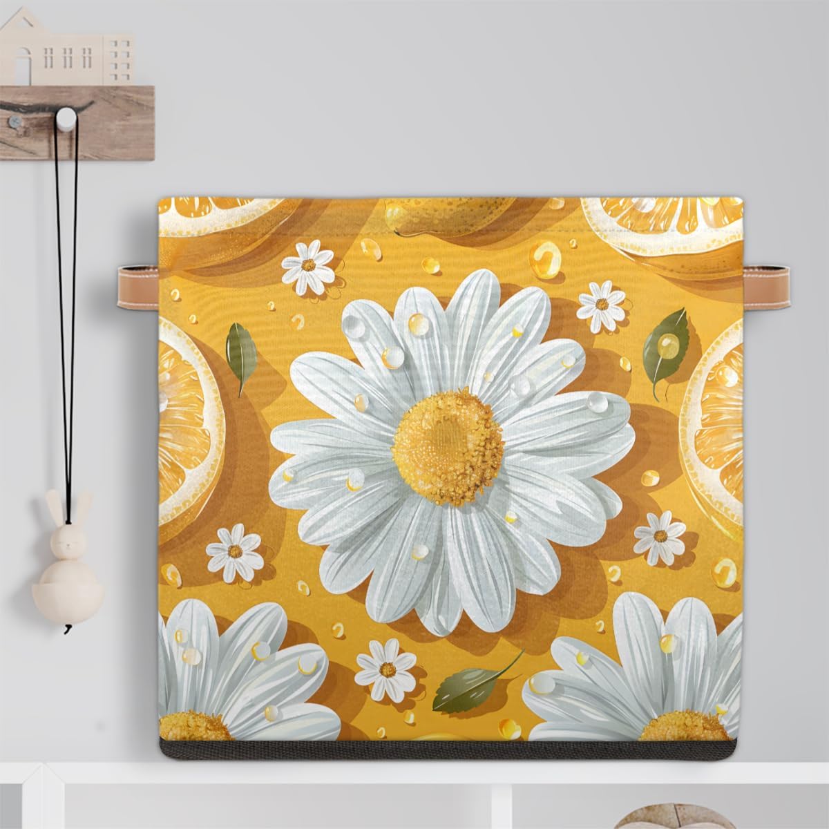 TropicalLife 13x13x13 Inch Large Fabric Storage Cube Lemon Daisy Foldable Storage Bin with Handles Organizer Boxes Cube Basket for Shelves Organizing Closet