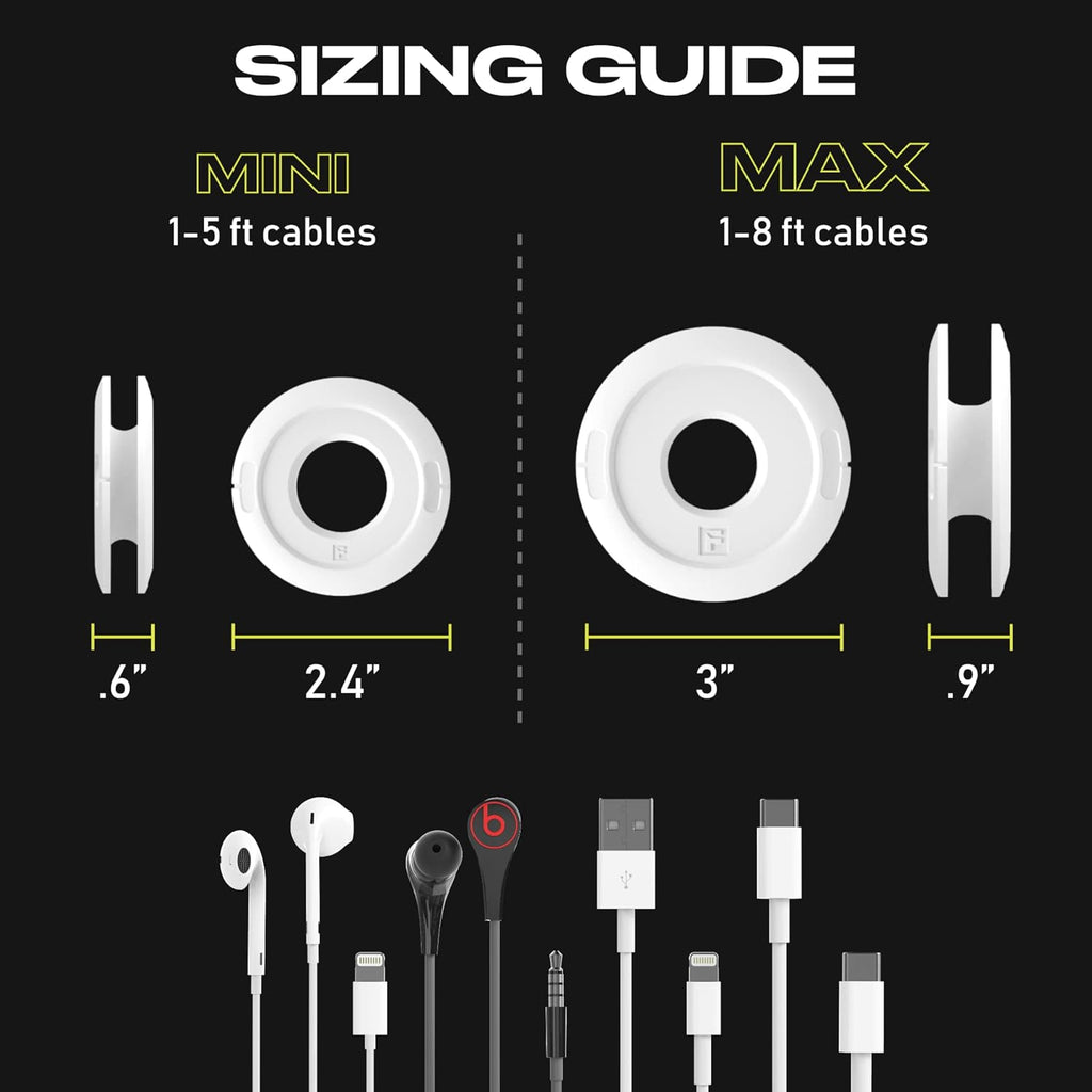Side Winder Mini and Max Headphone, Earbud and Charging Cable Winder and Organizer Perfect for Wrapping Earbuds and Cords for Travel and Organization 4-Pack (Black, Max)