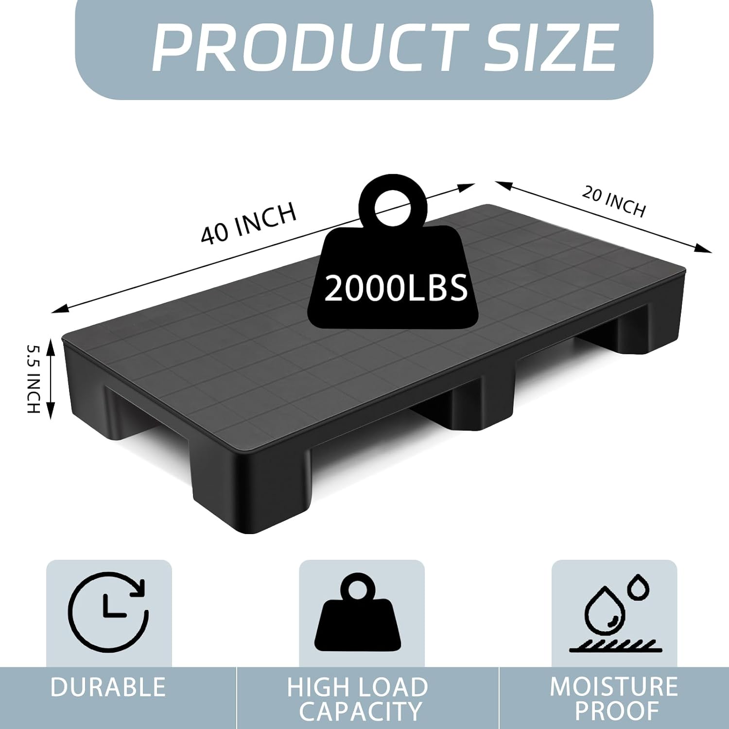 1 Pcs Plastic Pallet for Basement Storage Easy Stack Lightweight Floor Pallet Display Flooring Room Supermarket Christmas, Support up to 2000 Lbs (40'' L X 20'' W X 5.5'' H,Black)