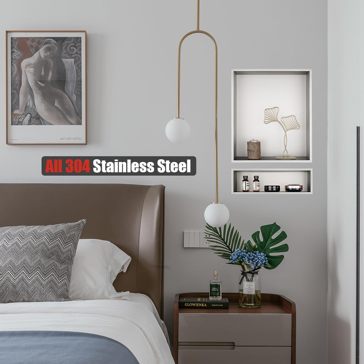 JQK Shower Niche No Tile Need, 12"×14" Brushed Nickel Bathroom Insert Shelf, 304 Stainless Steel Recessed Shower Caddy Organizer Storage, SNL1214-BN