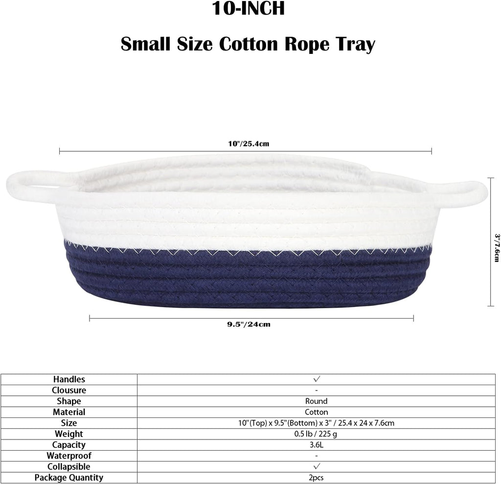 Sea Team 2-Pack Cotton Rope Baskets, 10 x 3 Inches Small Woven Storage Basket, Fabric Tray, Bowl, Round Open Dish for Fruits, Jewelry, Keys, Sewing Kits (Dark Blue & White)
