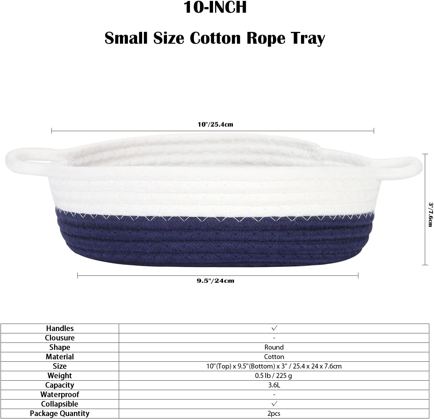 Sea Team 2-Pack Cotton Rope Baskets, 10 x 3 Inches Small Woven Storage Basket, Fabric Tray, Bowl, Round Open Dish for Fruits, Jewelry, Keys, Sewing Kits (Dark Blue & White)