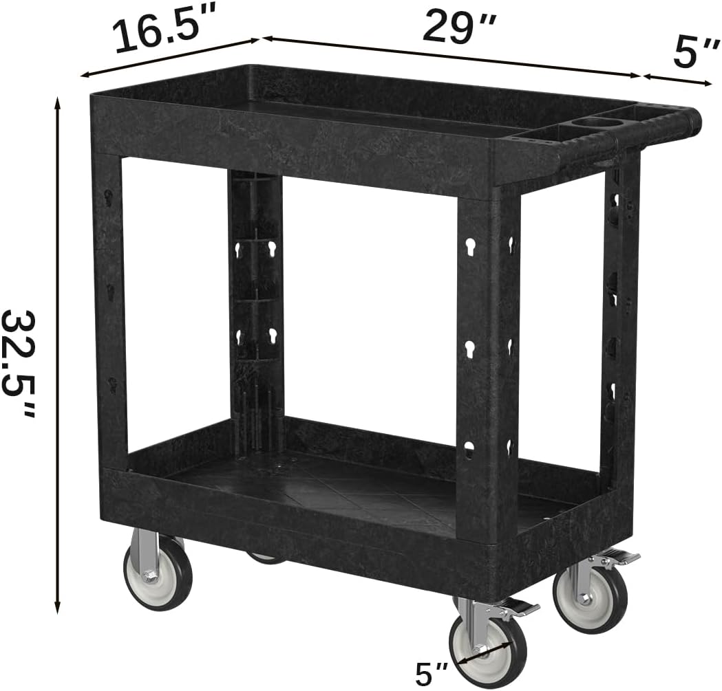 2 Tier Plastic Rolling Utility Cart on Wheels, Heavy Duty Tool Cart with Deep Shelves and 360° Swivel Wheels Holds up to 550 lbs, Service Cart for Garage, Warehouse, Cleaning