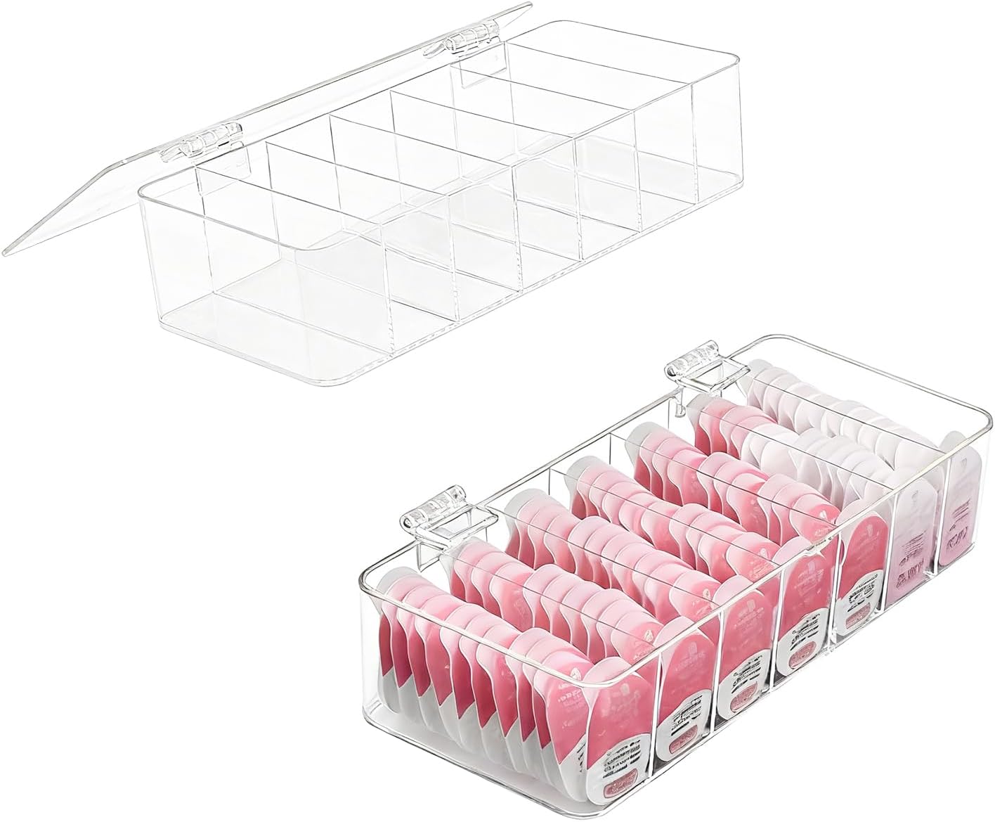 2 Pack Clear Acrylic Makeup Organizers, 7-Section Bathroom Organizer for Drawer, Cosmetic Display Cases with Lid, Blushes Highlighters Eyeshadow Powder Makeup Organizer Holder Storage