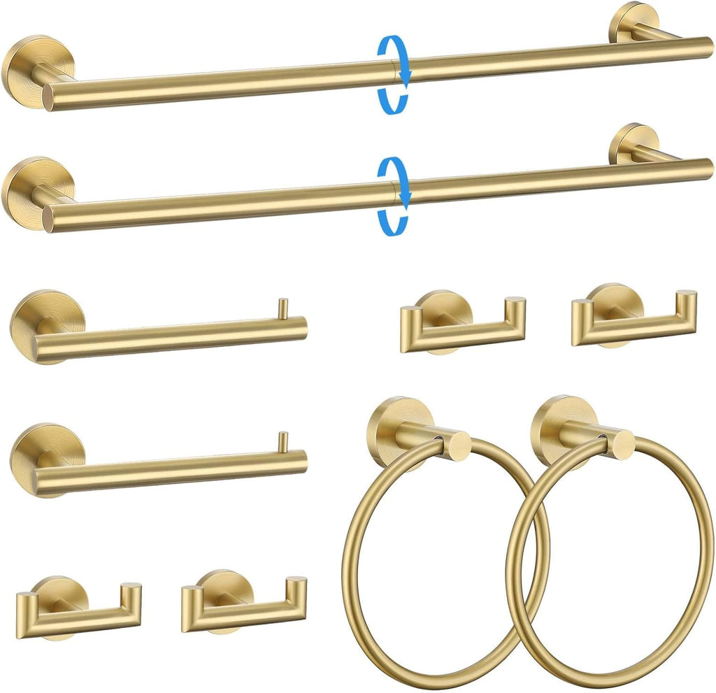 10-Piece Brushed Gold Towel Bar Set Bathroom Hardware Set Include 23.6in Towel Bar Toilet Paper Holder Towel Ring Upgraded Towel Hooks Towel Holder Set for Bathroom Stainless Steel Wall-Mounted