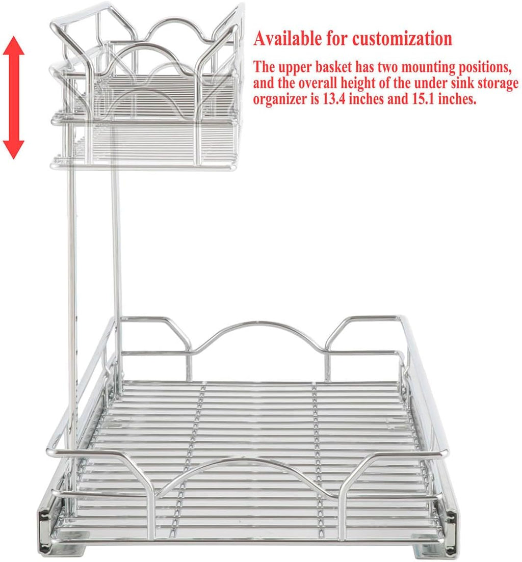 OCG Under Sink Cabinet Organizer Two Tier Pull Out Shelf (11.75W x21D), Under Sink Sliding Shelf for Kitchen Bathroom Cabinet 2 Tier Chrome