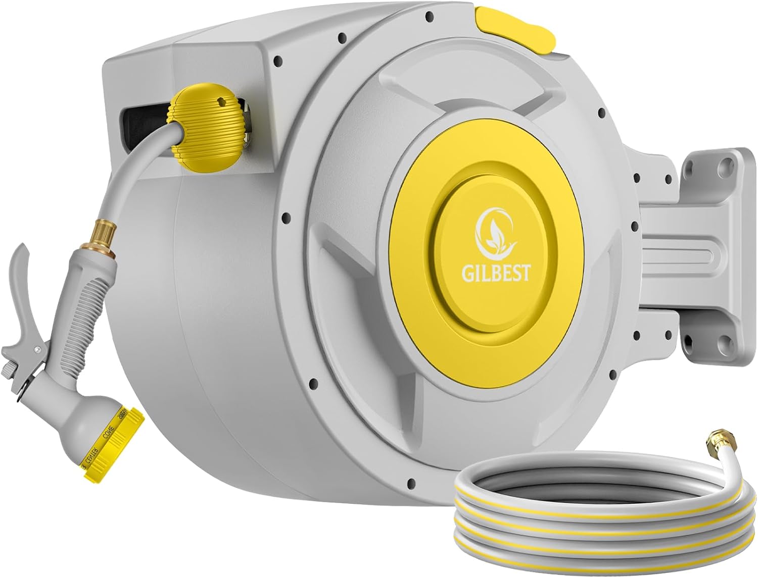 100 ft x 5/8" Retractable Garden Hose Reel, Heavy Duty Water Hose Reel Wall Mounted, Any Length Lock, 180°Swivel, Water Hose with 8-Function Nozzle for Cleaning, Watering(Yellow)