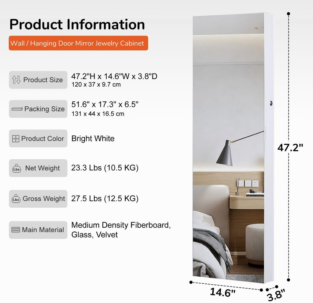 GISSAR Full Length Mirror Jewelry Cabinet, 6 LEDs Jewelry Armoire Wall Mounted Over The Door Hanging, Jewelry Organizer Storage with Lights Lockable, Bright White, 14.6" x 47.2"