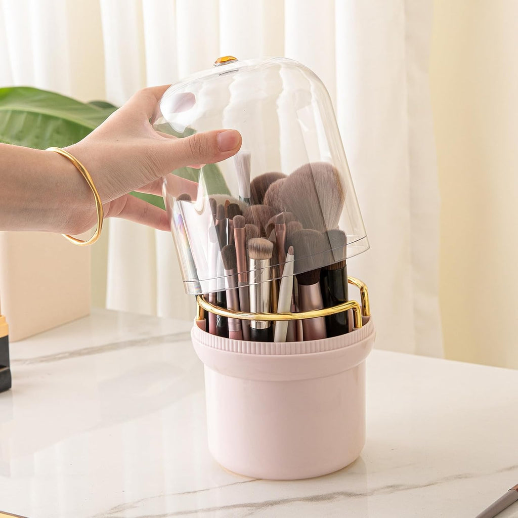 THE LIMIT 360 Degree Rotating Makeup Organizer Box, Dustproof Waterproof, 6 Compartments, Covered Brush Holder, Moisture-Proof, Fits Long Makeup Products, Easy Storage, Large Capacity (Pink)