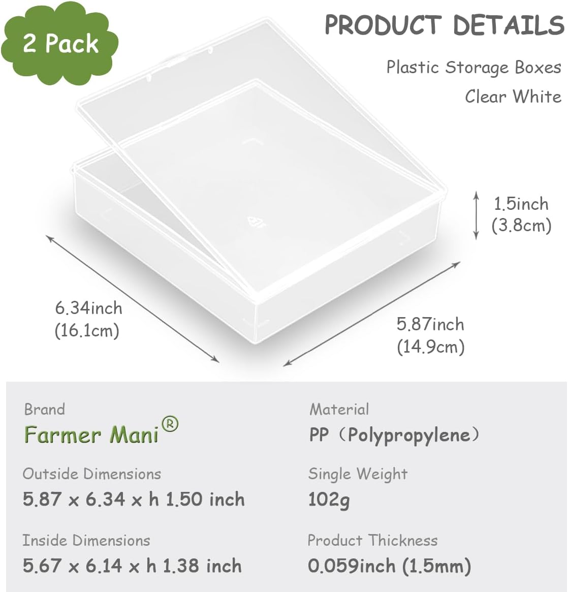 Clear Polypropylene Rectangle Beads Storage Containers Box (5.87 x 6.34 x 1.5 inch) with Lid for Collecting Small Items, Beads, Game Pieces, Business Cards, Crafts Accessories