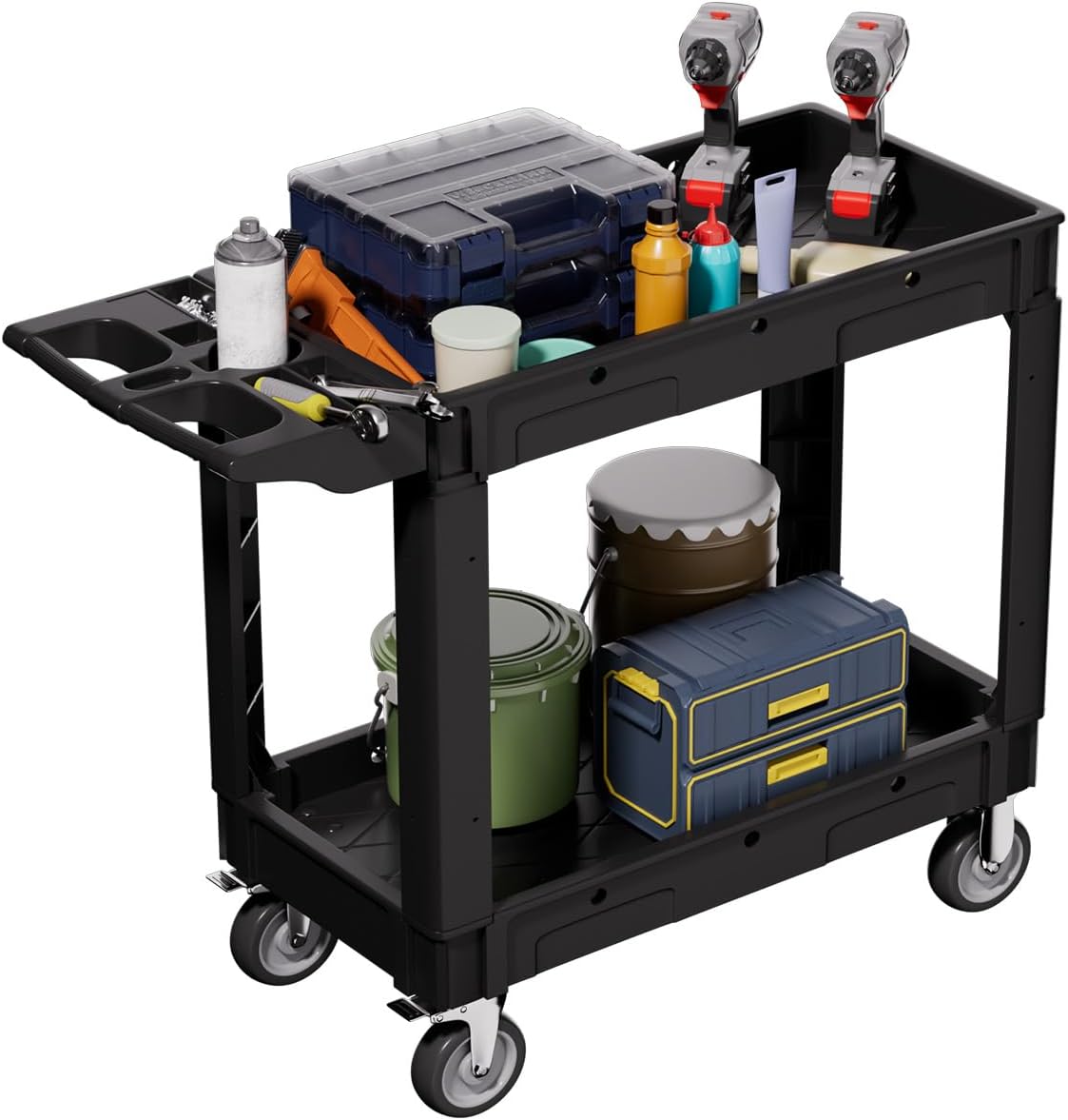 2 Tier Plastic Rolling Utility Cart on Wheels, Heavy Duty Tool Cart with Deep Shelves and 360° Swivel Wheels Holds up to 550 lbs, Service Cart for Warehouse,Garage, Cleaning (Black-M)