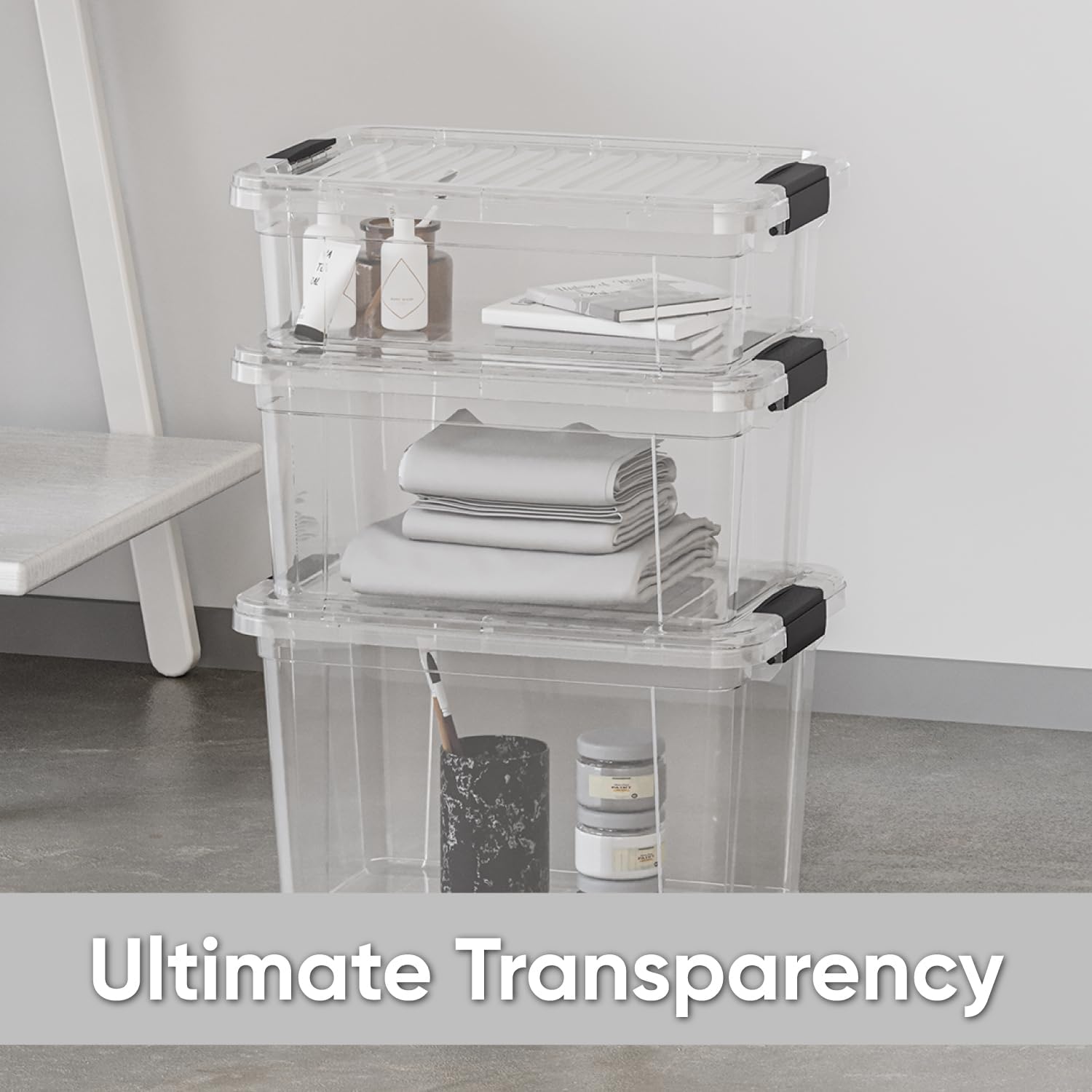 Superio Clear Storage Boxes with Lids, 26 Quart Plastic Container Bins for Organizing, Stackable Crates, BPA Free, Non Toxic, Odor Free, Organizers for Home, Office and Dorm, 6 Pack