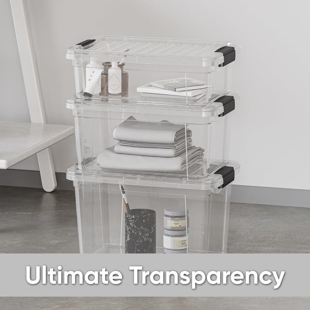 Superio Clear Storage Boxes with Lids, 26 Quart Plastic Container Bins for Organizing, Stackable Crates, BPA Free, Non Toxic, Odor Free, Organizers for Home, Office and Dorm, 8 Pack