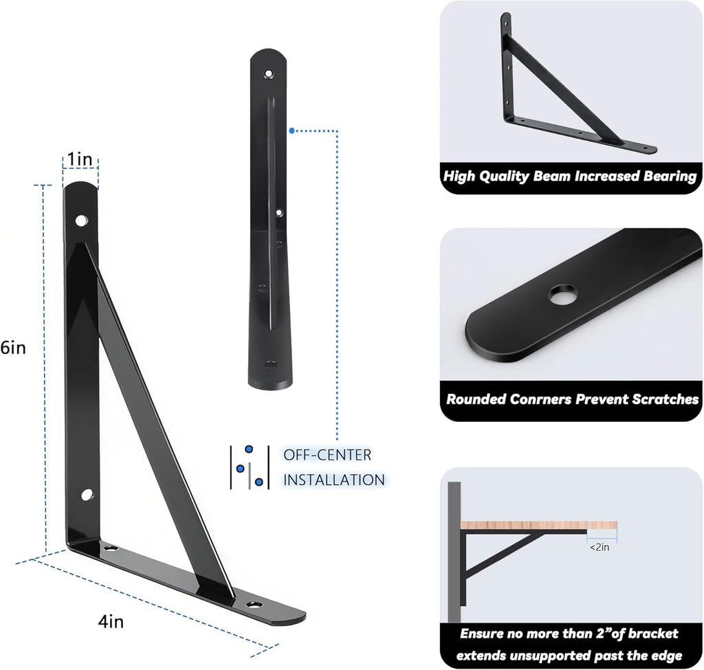 10 Pack L 6" x H 4" Heavy Duty Shelf Brackets with Screws Open Floating Shelving Bracket L Brackets Black Metal Shelf Brackets for Shelves, Room, Pantry,Garage
