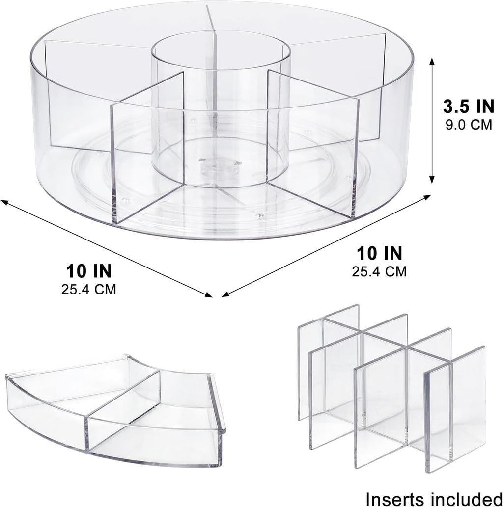 360° Rotating Makeup Organizer, 10" Clear Turntable Lazy Susan Organizer for Vanity, Bathroom Counter, Cabinet, Spinning Cosmetic Storage Holder with 6 Dividers for Skincare, Makeup Brushes, Lipsticks