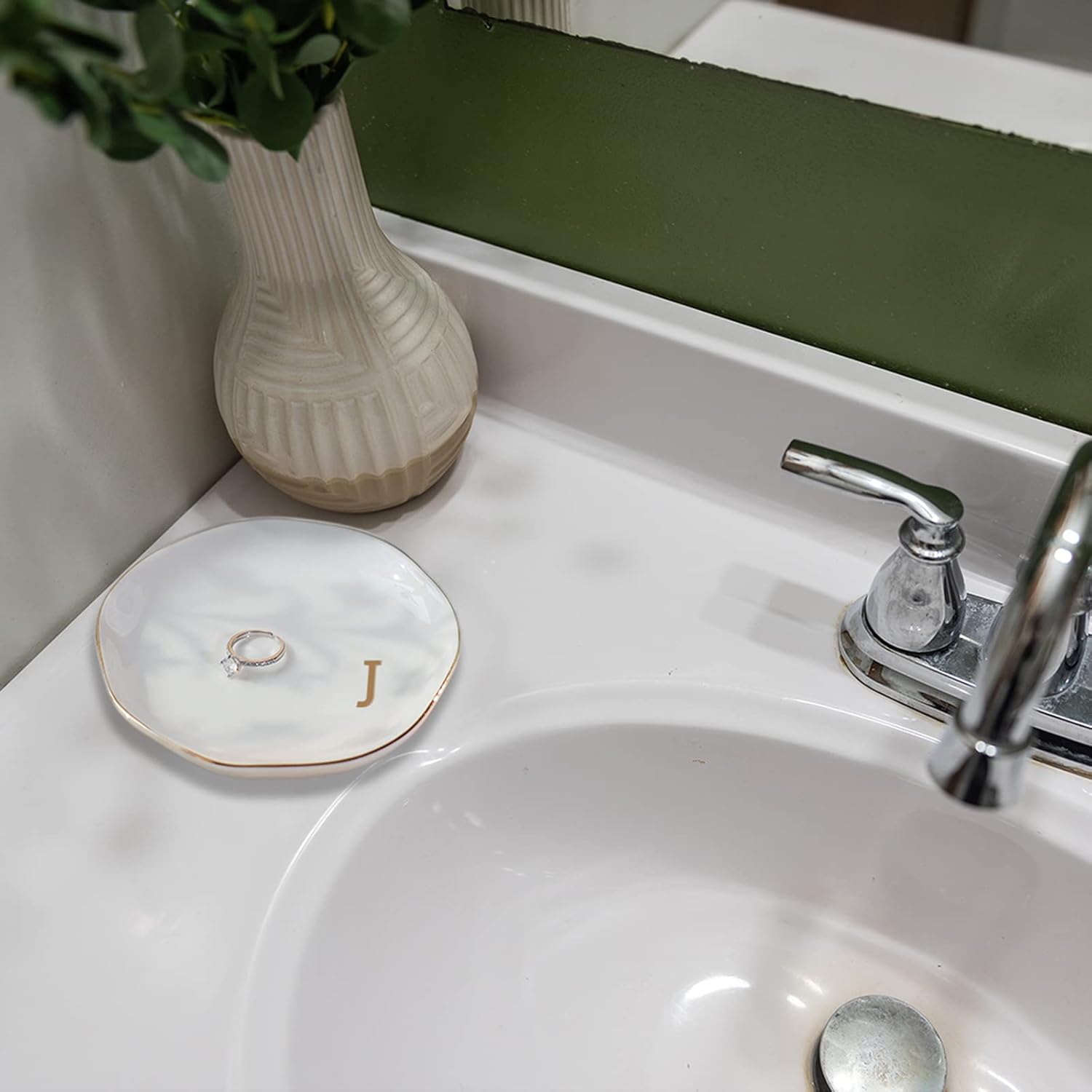 Initials Ring Dish Jewery Tray with personalized J-Monogrammed Gifts Wedding Engagement for Women Friends sister,Ceramic White