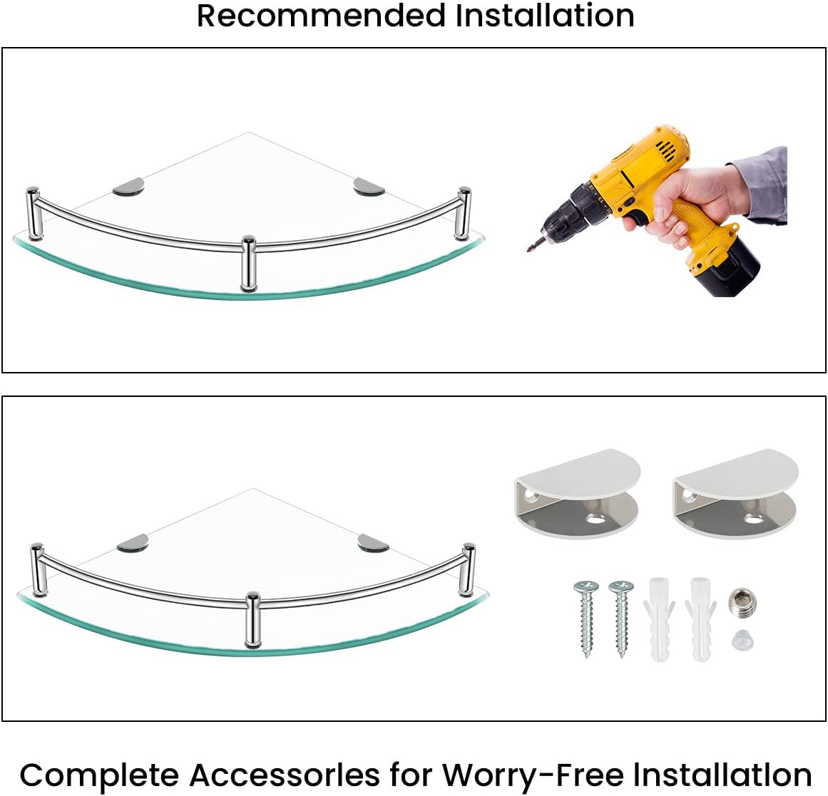 Glass Corner Shelves Tempered Bathroom Eestantes para Baños with Rail Wall Mounted Drill Hole for Corner Shower Shelf for Inside Shower 2 Pack（Sliver）