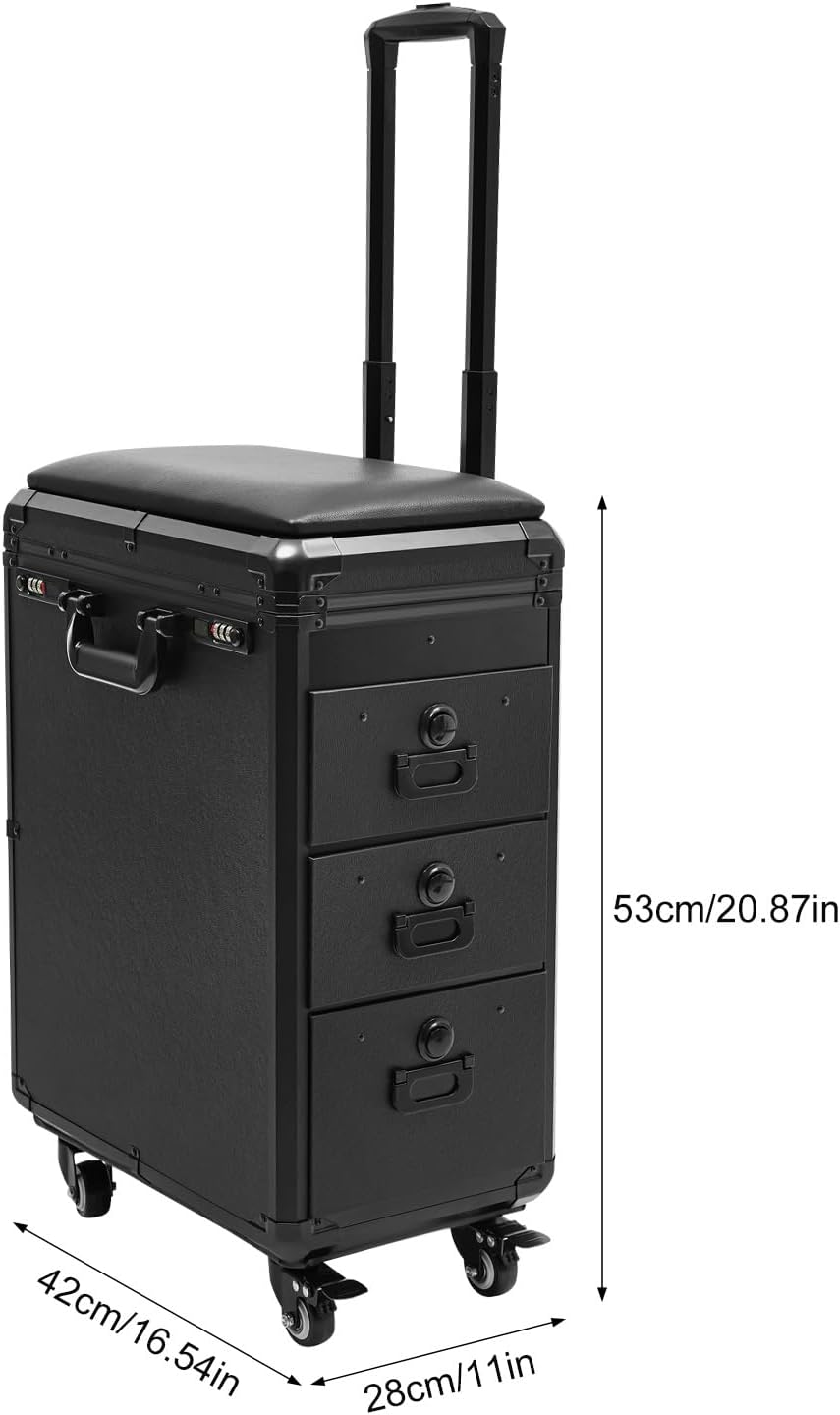 Rolling Makeup Case, 3 Drawers Tattoo Travel Case Makeup Case with Combination Lock for Beauty Salons and Barber Shops 16.54 x 11 x 20.87 Inch Black