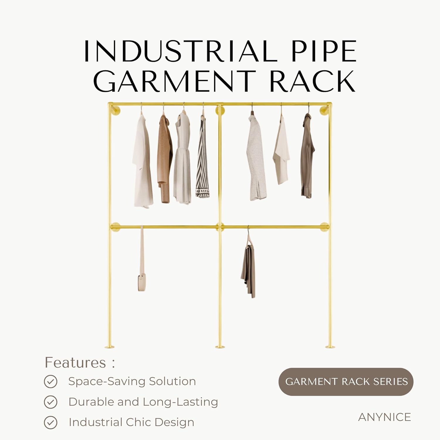 Industrial Pipe Clothing Rack, Heavy Duty Wall Mounted Clothes Rack, Retail Display Hanging Garment Rod for Laundry Rooms Closet Storage, 14.6x75x82.7 Inches, Model K09 Gold