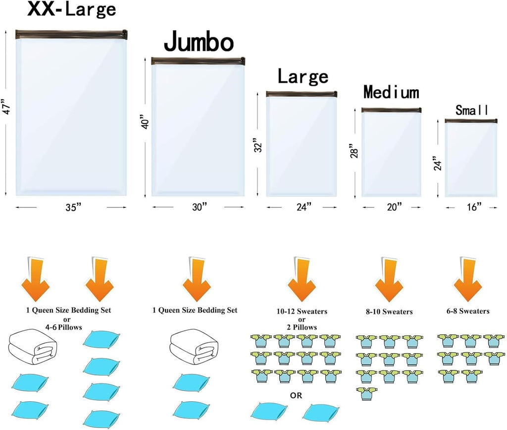10 Small Vacuum Storage Bags, Space Saver Sealer Compression Bags for Blankets, Comforters, Pillows, Clothes Storage