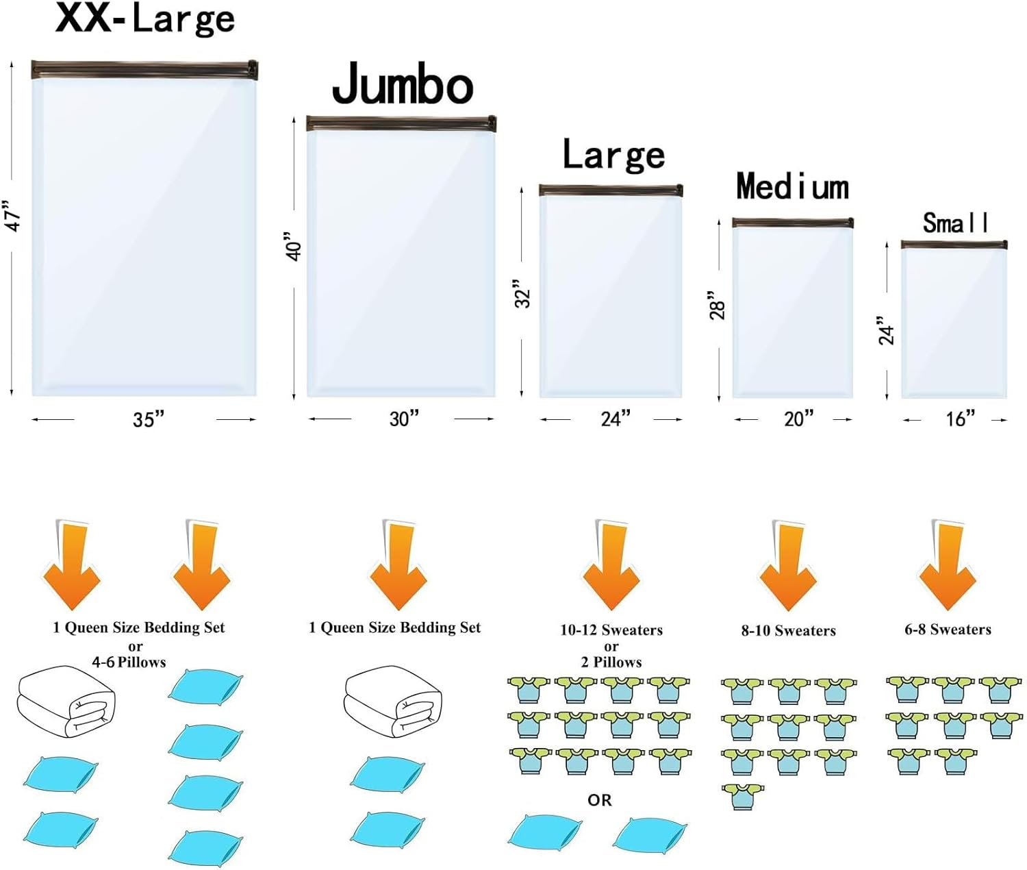 10 Small Vacuum Storage Bags, Space Saver Sealer Compression Bags for Blankets, Comforters, Pillows, Clothes Storage