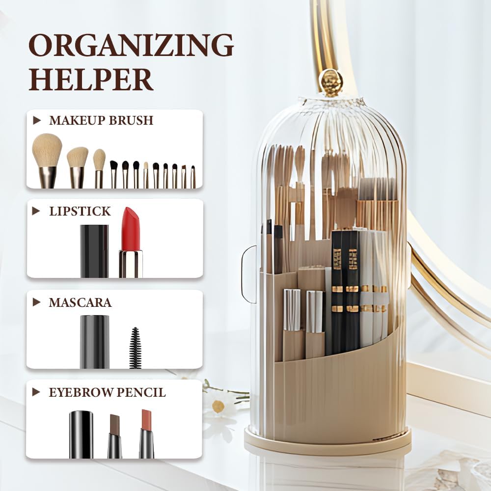 Covered 360° Rotating Makeup Brush Holder, Makeup Organizers with Lid, Clear Cover Brush Holder with Transparent Door Lid for Desktop, No Dust Toothbrush Holders for Vanity and Bath (Clear black)