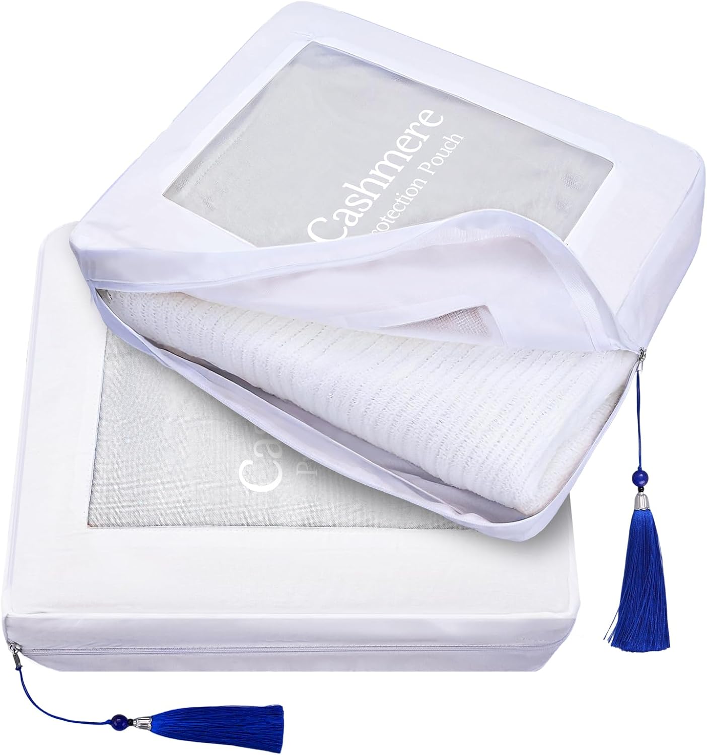 2 Pack Cashmere Protection Pouch, Cotton Sweater Storage Bags with Zippers Tassel and Organza Panel, Breathable Dustproof Clothing Bags Organizer for Wool, Gift for Cashmere Lovers