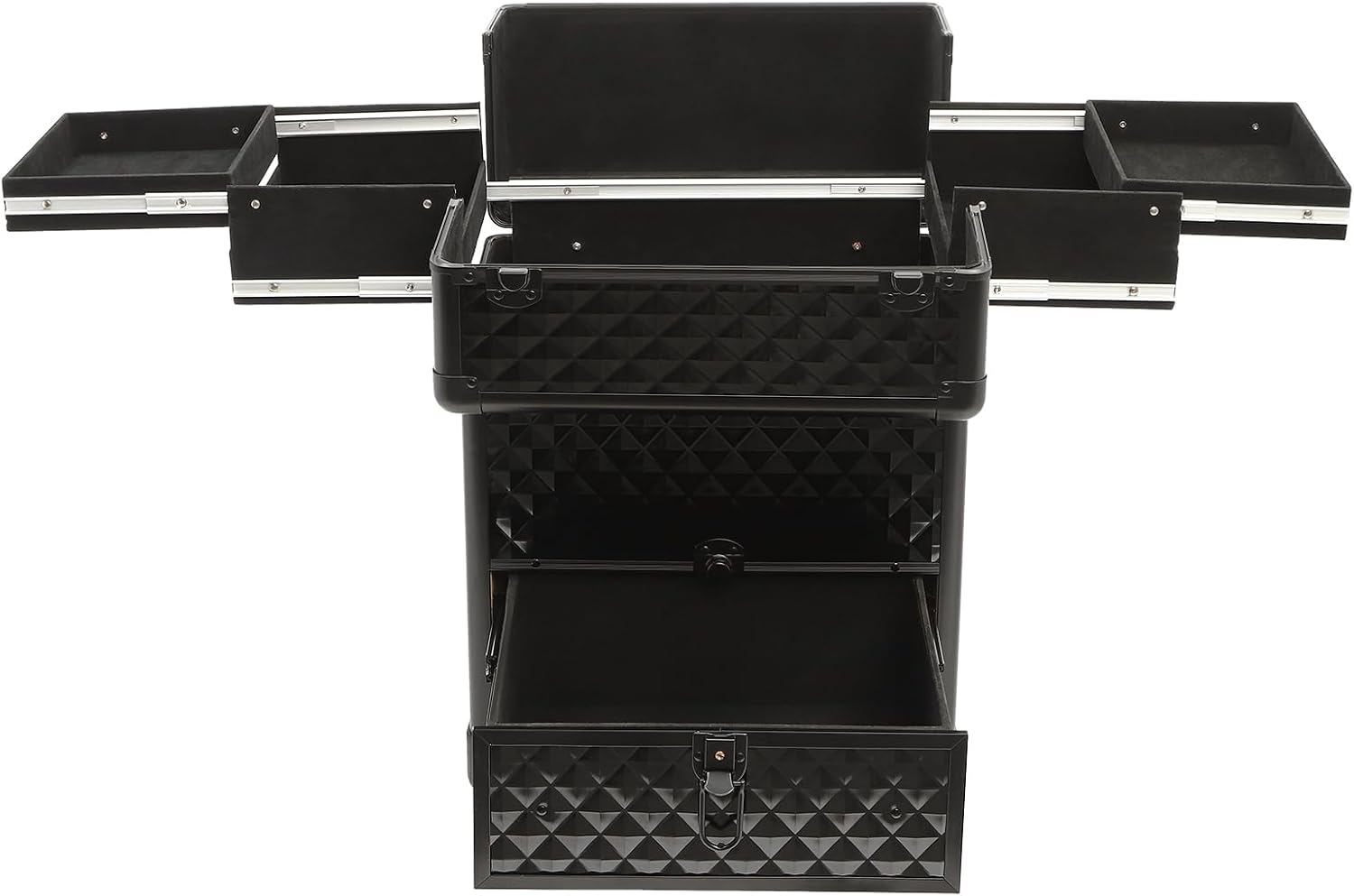 Professional Rolling Makeup Train Case with Lock, 7 Compartments 44lbs Capacity Rolling Nail Case Adjustable Organizer for Makeup Artists, Hairstylists, Pet Groomers (Black)