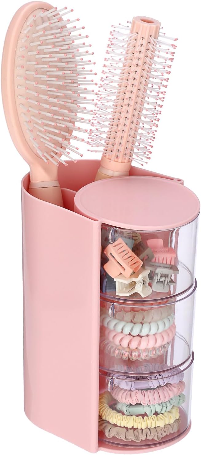 Hair Accessories Organizer with Hair Brush Holder Spinning Cosmetic Storage Case for Makeup Sponge Plastic Desktop Organizer, 3-Layer Pink