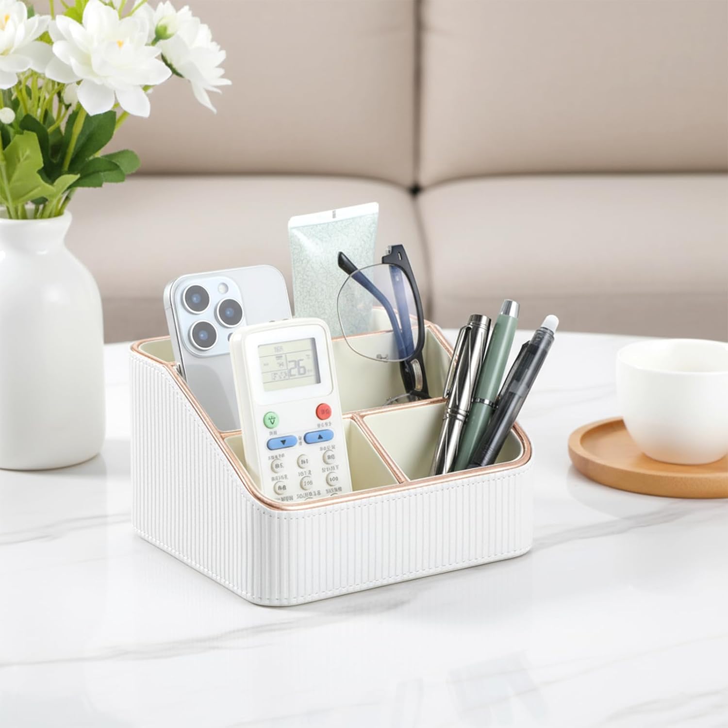 1 Pieces Remote Control Holder with 4 Compartments, PU Leather Small Nightstand Organizer for Home Desk Accessories Office Supplies, Multifunctional Stylish Small Bedside Desktop Organizers (White)