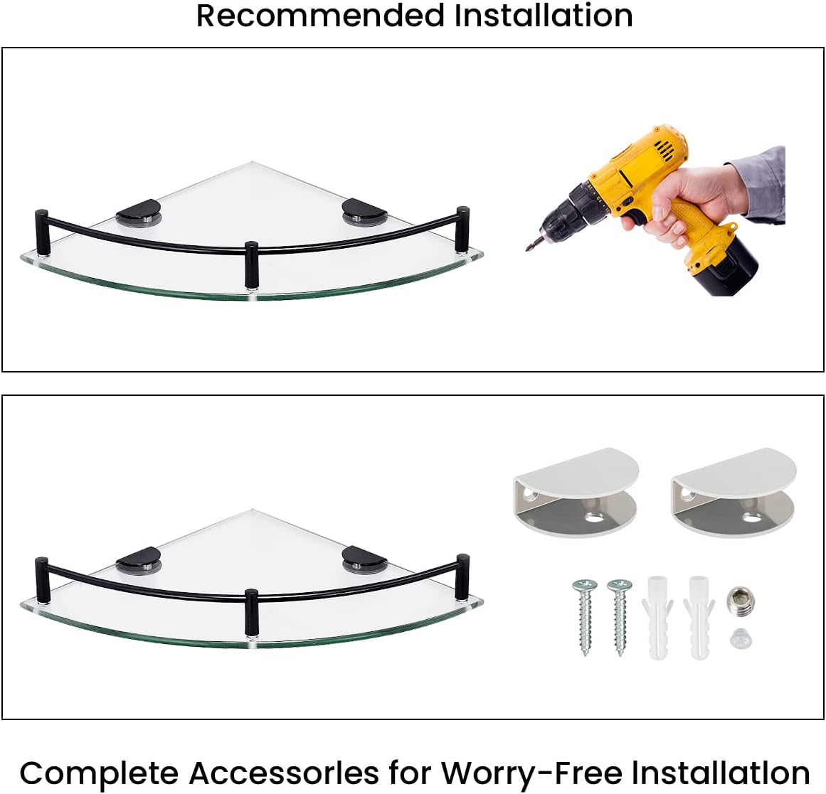 Glass Shelf Bathroom Floating Shower Corner Shelves Shampoo Holder with Rail Wall Esquinero para Baño for Inside Shower 2 Pack