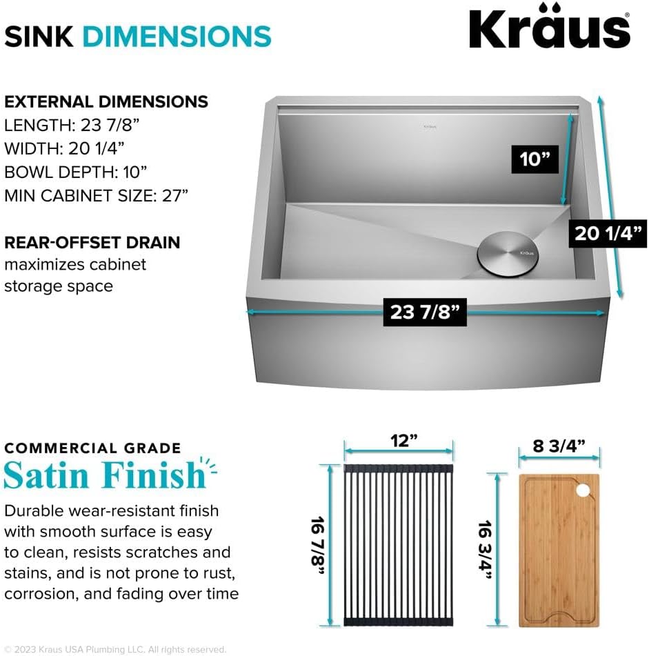 KRAUS Kore 24-Inch Farmhouse Workstation 16 Gauge Single Bowl Stainless Steel Kitchen Sink with Accessories, KWF210-24