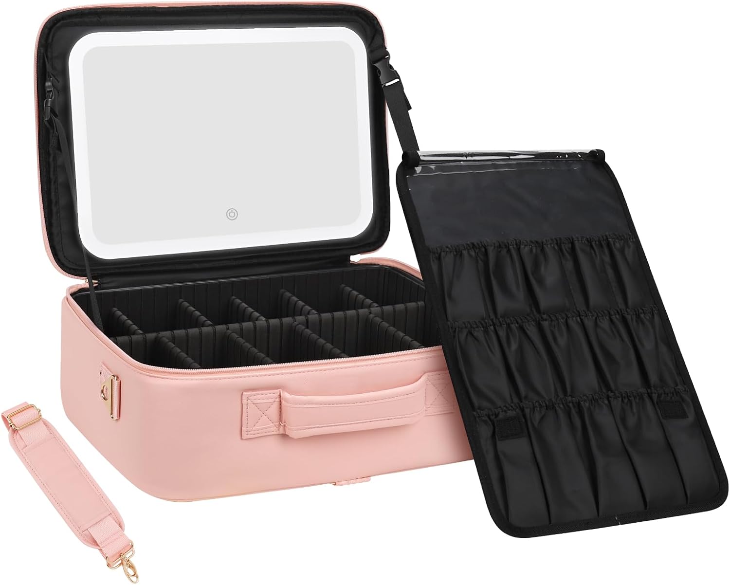 Relavel Makeup Bag with LED Mirror, 16.2 inches Large Makeup Case Travel Portable Cosmetic Organizer Vanity Case for Women, Rechargeable Lighted Mirror Professional Makeup Artists Storage Box (Pink)