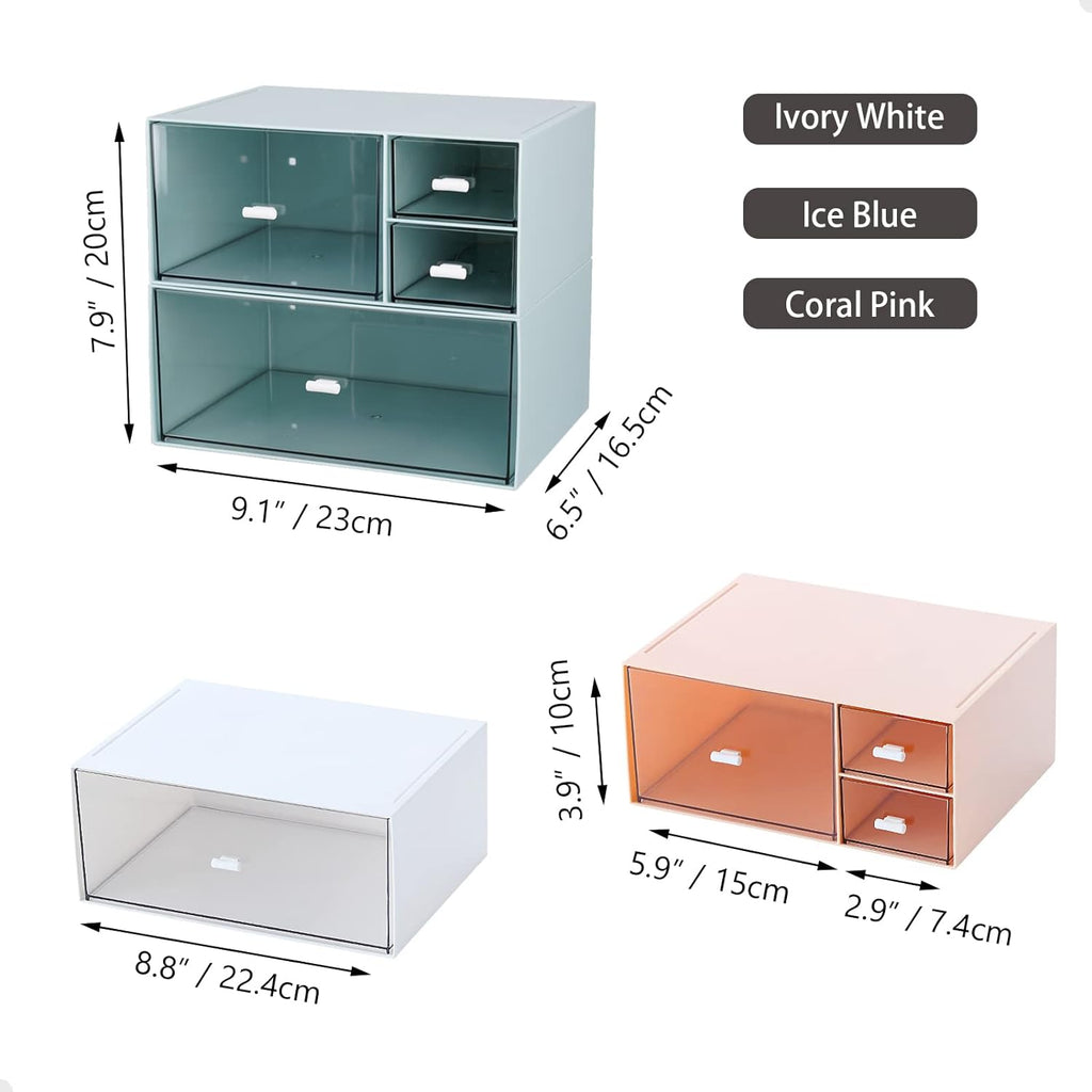 Desk Craft Organizer and Storage with 4 Mixed Drawers, Stackable Plastic Desktop Accessories & Workspace Organizer for Office Stationary, Makeup Skincare, Sanitation Supplies, White