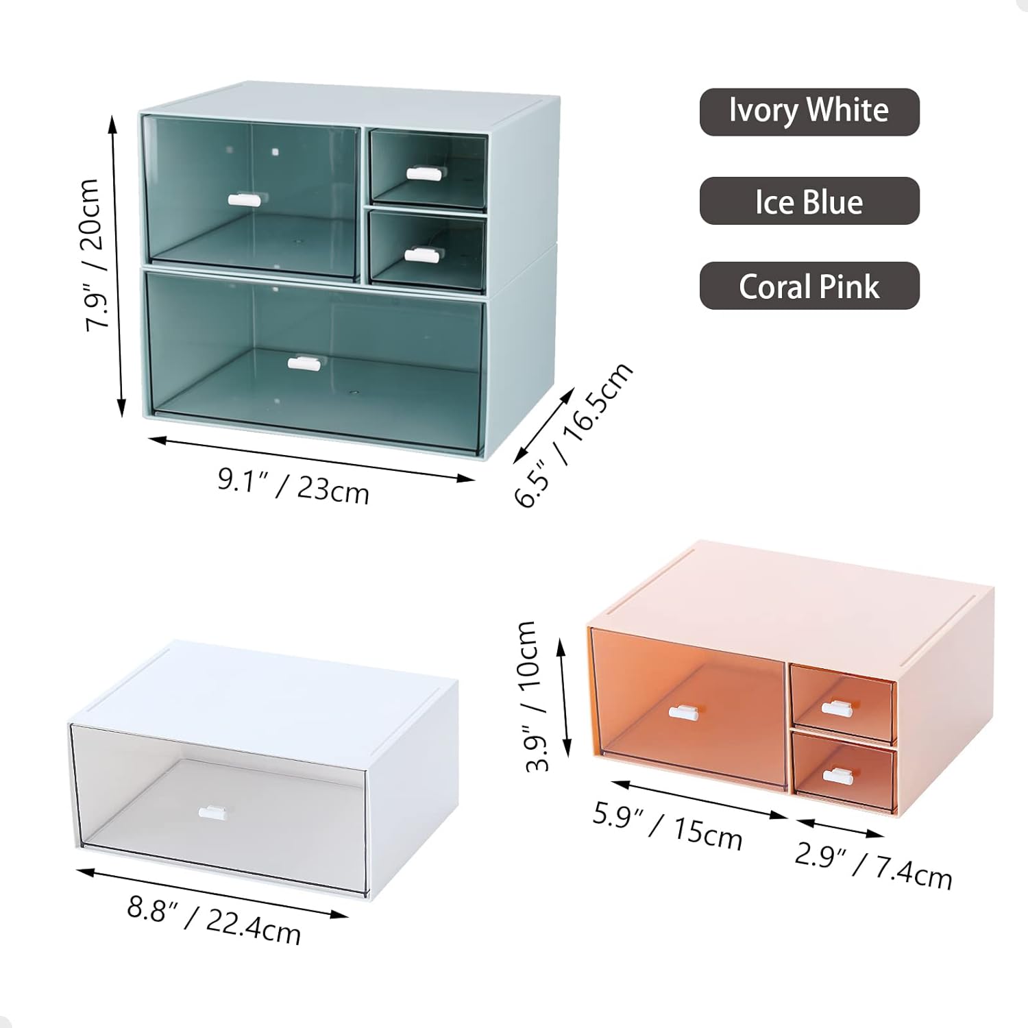 Desk Craft Organizer and Storage with 4 Mixed Drawers, Stackable Plastic Desktop Accessories & Workspace Organizer for Office Stationary, Makeup Skincare, Sanitation Supplies, White