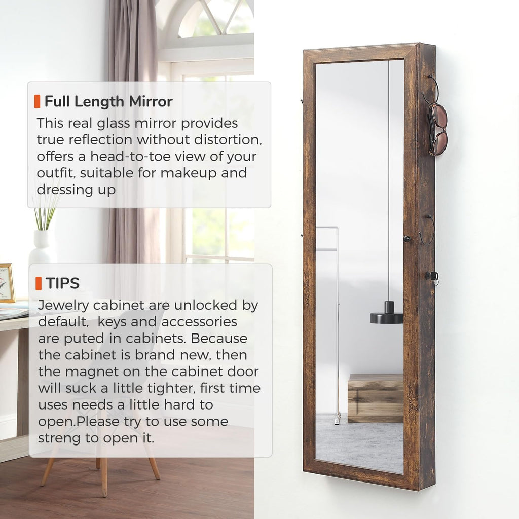 GISSAR Jewelry Mirror Armoire Wall Mount Over The Door Mirror Jewelry Cabinet Storage Mirror Organizer Lockable Full Length Door Mirror,Vintage Brown, GMJ2003V