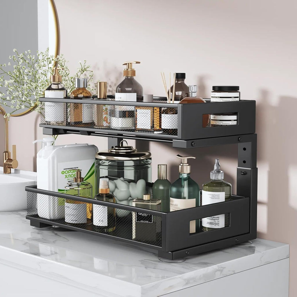 1 Pack 19IN Depth Under Sink Organizer, 2-Tier Pull Out Cabinet Organizer With Smooth Circular Rail, Large Capacity Metal Mesh Sliding Drawers For Bathroom& Kitchen Storage,Height Adjustable-Black