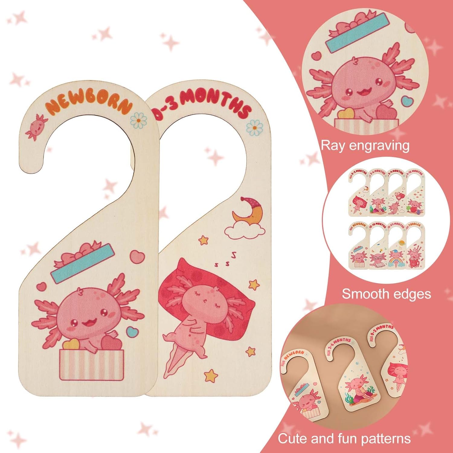 8pcs Baby Closet Dividers, Wooden Baby Wardrobe Organizer Newborn to 24 Months Axolotl-Themed Design Nursery Decor Double-Sided Nursery Hanger Dividers for Home Decor