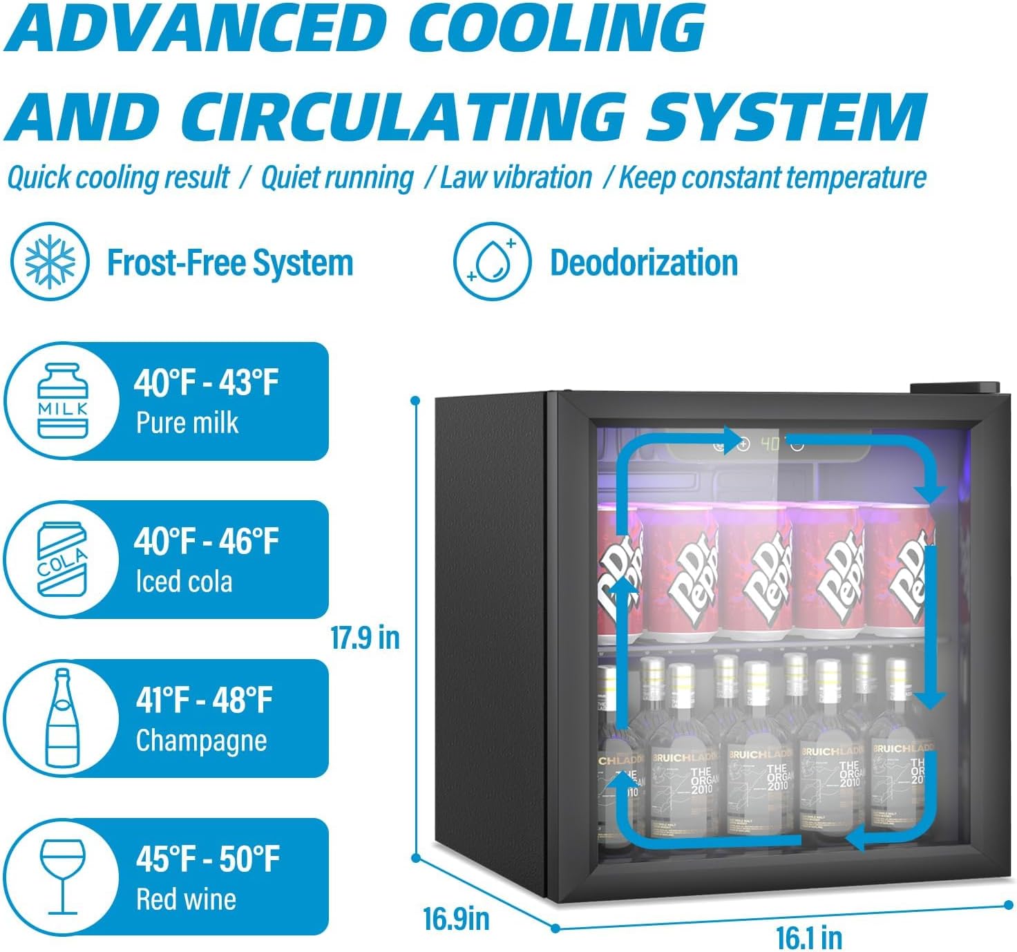 1.3 Cubic Feet Mini Fridge, 60 Can Freestanding Beverage Refrigerator with Glass Front Door for Soda, Beer Under Counter Small Refrigerator with Adjustable Shelves and Digital Display(Black)