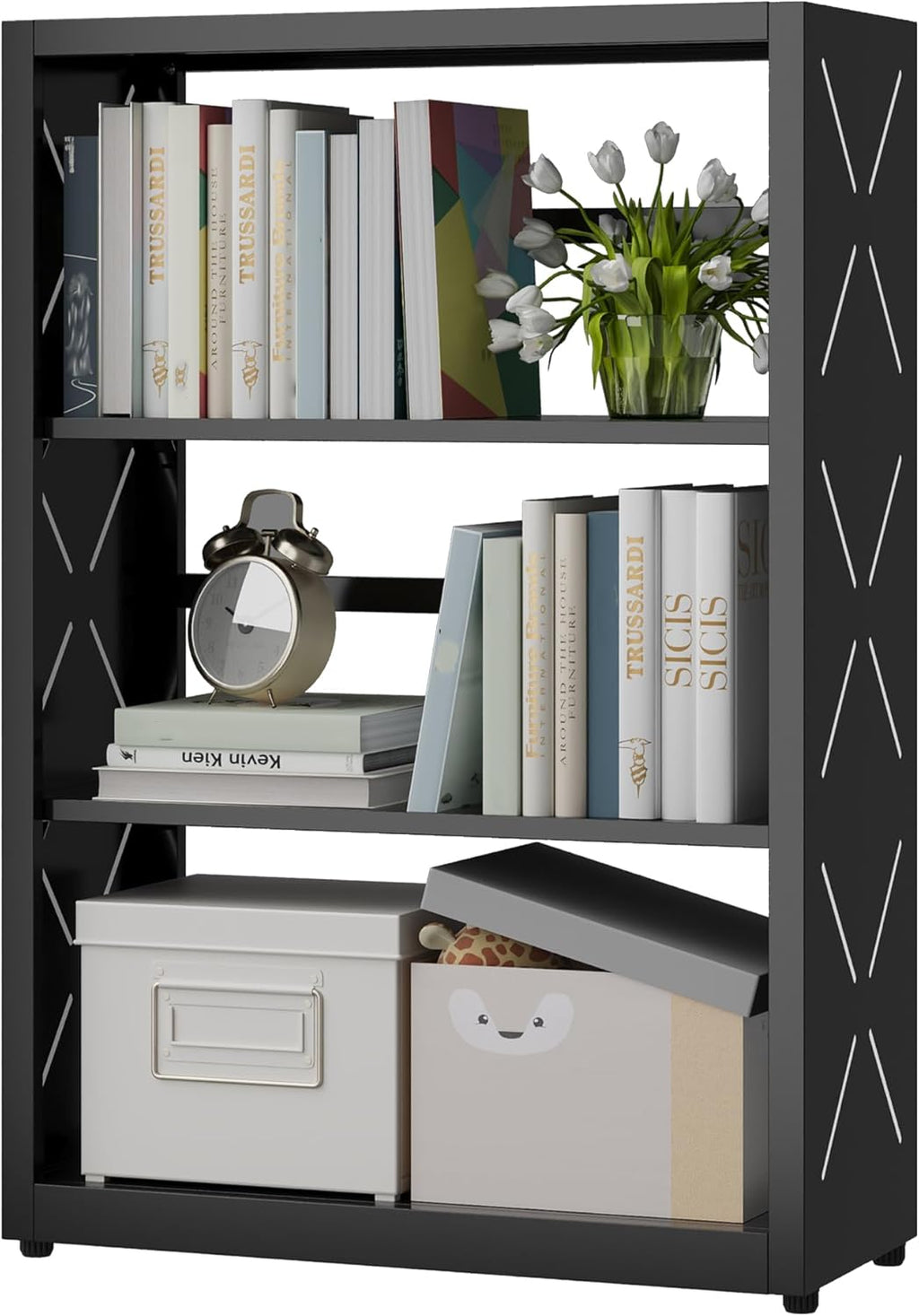 Industrial Bookshelf,3 Tier Bookcase,34" Black Metal Small Bookshelf with Adjustable Feet and Adjustable Shelves,Home Office Bookcase Shelf Storage Organizer for Living Room Kitchen.