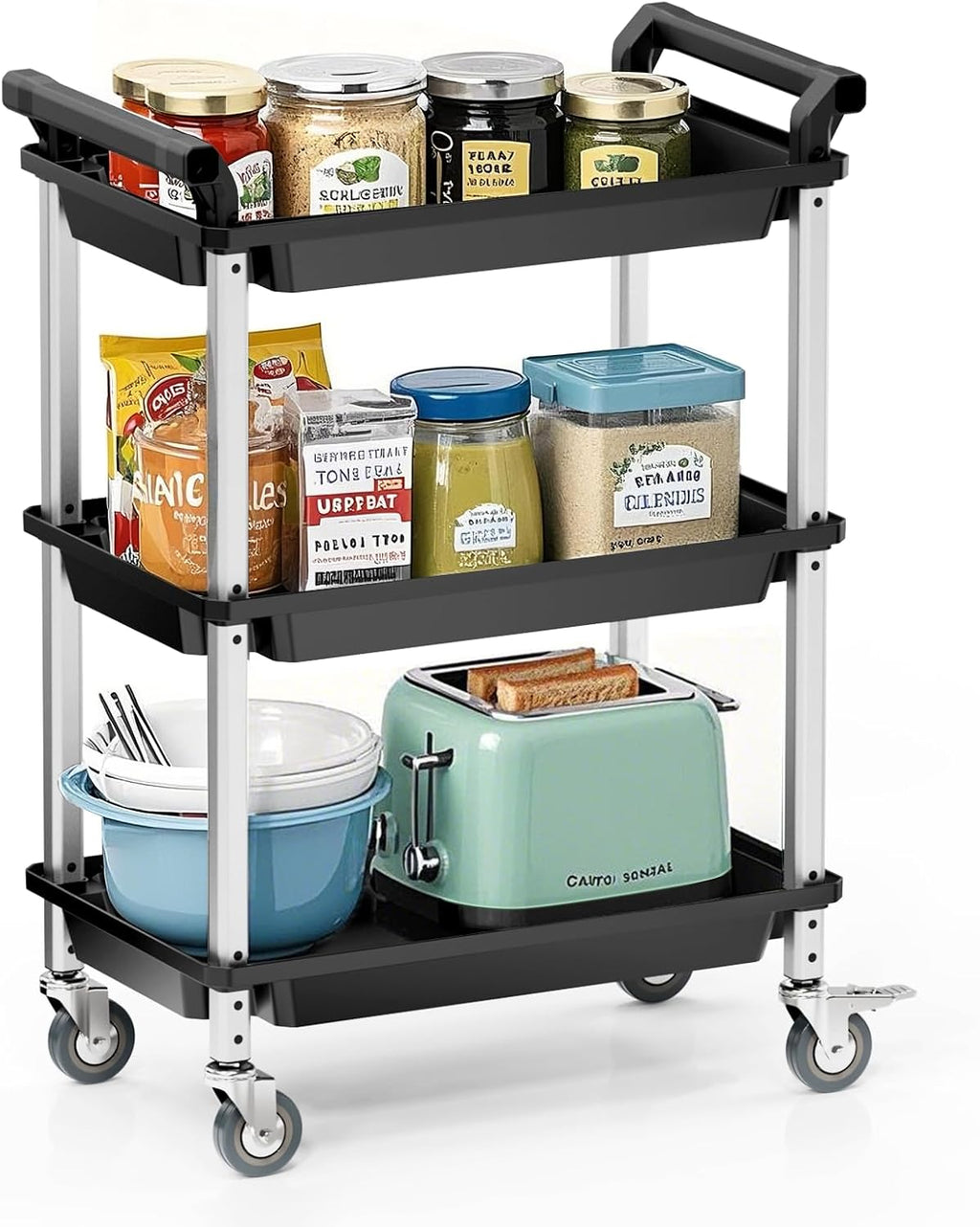 3 Tier Rolling Cart,Plastic Utility Cart with Handle,Rolling Carts with Wheels,Utility Cart with Lockable Casters, Multi-Functional Organizer Cart for Bedroom, Living Room, Kitchen,Office(Black)