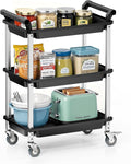 3 Tier Rolling Cart,Plastic Utility Cart with Handle,Rolling Carts with Wheels,Utility Cart with Lockable Casters, Multi-Functional Organizer Cart for Bedroom, Living Room, Kitchen,Office(Black)