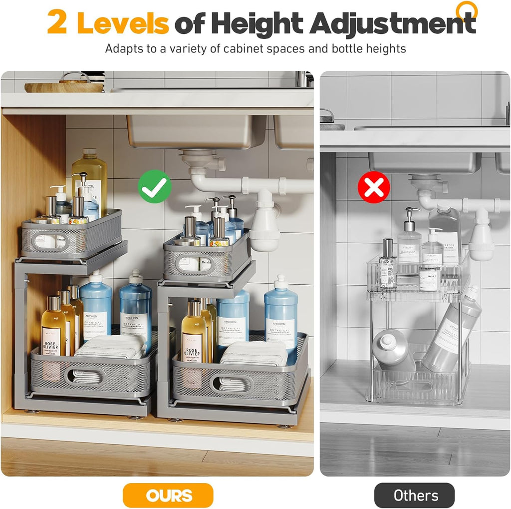 1-Pack Under Sink Storage Organizer with 2-Tier Slide Out Drawer, Sophisticated Mesh Pull Out Shelf for Kitchen & Bathroom, Fits Small Items, Upgraded Arched Track for Smooth Gliding-Gun Gray
