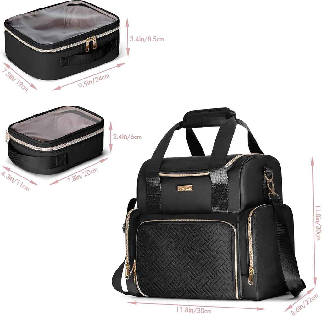 Large Cosmetic Bag with 3 Removable Case, Double Layer Travel Organizer with Inner Dividers and Makeup Brushes Storage Section, Black (Patented Design)