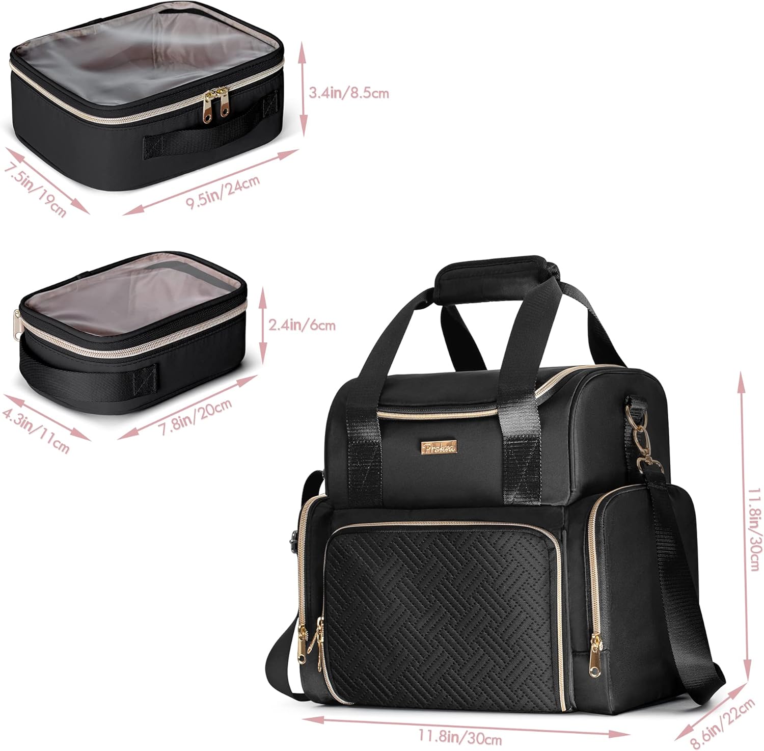 Large Cosmetic Bag with 3 Removable Case, Double Layer Travel Organizer with Inner Dividers and Makeup Brushes Storage Section, Black (Patented Design)