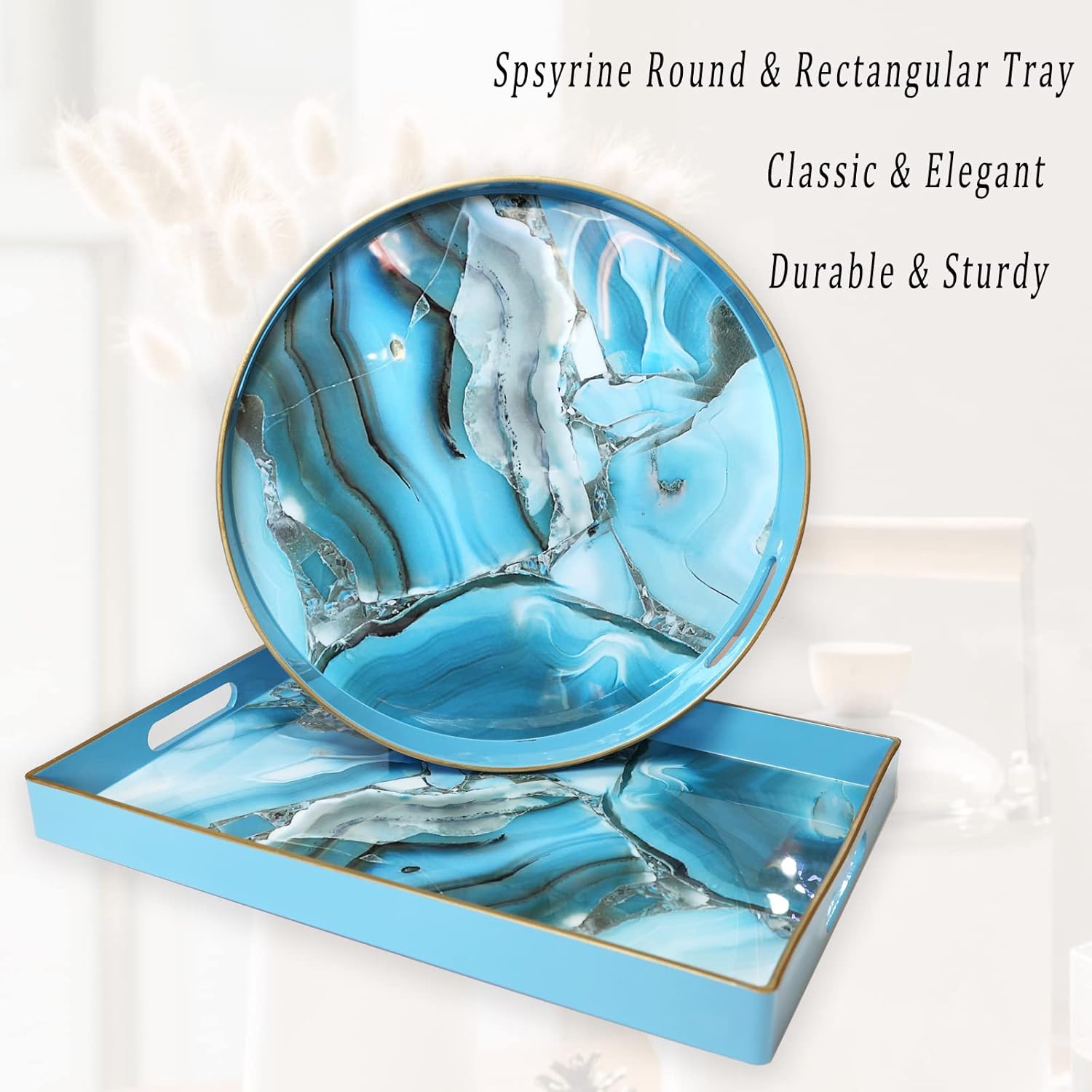Spsyrine Decorative Tray, Plastic Marble Serving Tray with Handles for Breakfast, Ottoman, Coffee Table, Bathroom, Kitchen, Living Room 15.6” X 10.2"