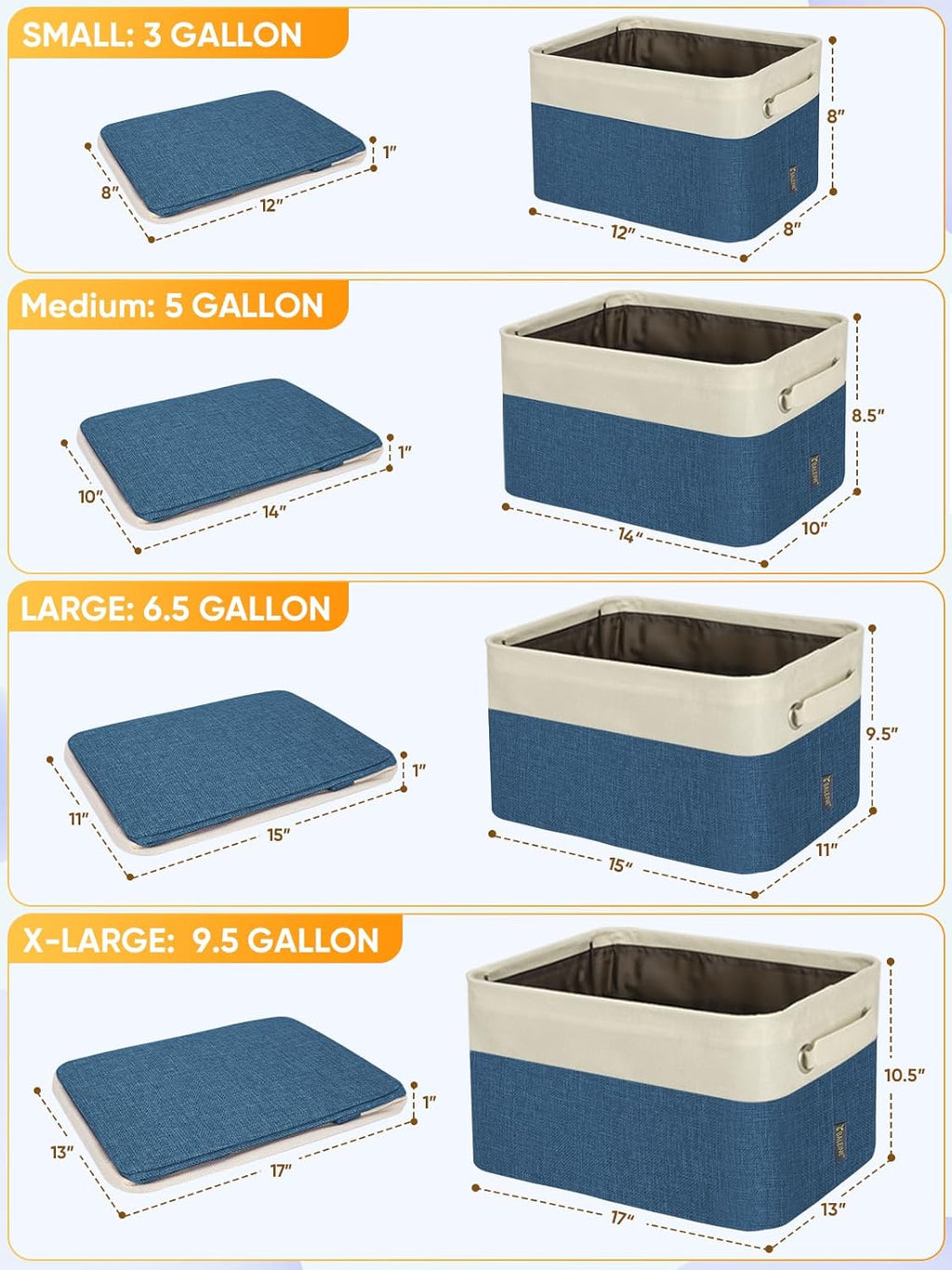 BALEINE 3 Pack Fabric Storage Bins for Shelves, Linen Storage Baskets for Organizing, Decorative Closet Bins for Clothes, Home (Navy Blue, 14''x10''x8.5'')